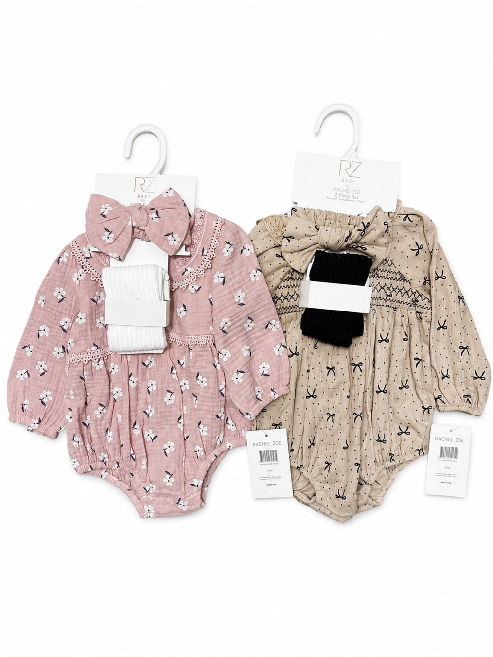 NEW - 2 Outfit Bundle - Rachel Zoe Baby Romper Sets w Tights & Headheads